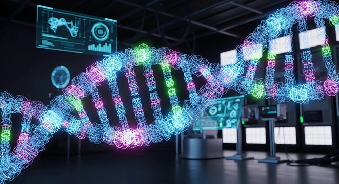 Digital DNA Strand in Futuristic Lab with Scientific Data Visualization