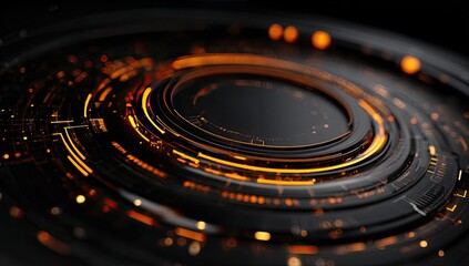 Fototapeta premium Abstract, concentric, technological, circular interface. Complex, layered rings in dark, metallic tones with glowing orange accents. Close-up view