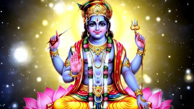 Lord Vishnu the Hindu deity with four arms seated on a pink lotus flower in a divine cosmic space