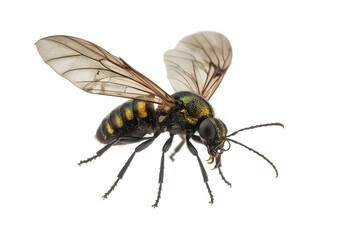 Fototapeta premium Green wasp studio shot, wings spread, isolated, white background, insect illustration