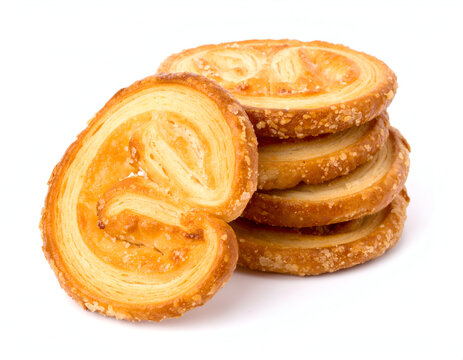 A delicious stack of golden brown palmier biscuits, a classic French puff pastry dessert with a caramelized sugar glaze, isolated on a white background