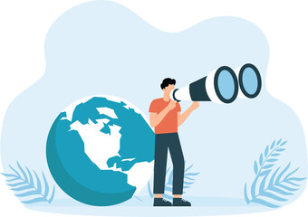 International global business opportunities, Man with laptop working and looking in future standing on earth, worldwide career development concept
