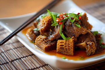Close-up of braised tripe with chili oil and green onions.