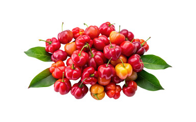 Pile of Fresh Acerola Cherries with Leaves, a Nutritious and Vibrant Tropical Fruit
