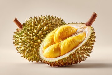 Fresh Durian Fruit with Spiky Shell and Yellow Flesh Displayed