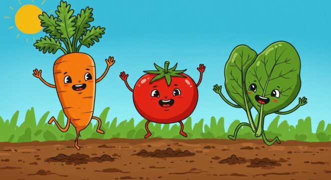 Cheerful cartoon vegetables ? carrot, tomato, spinach ? with arms and legs, frolic happily in a sunny garden. Green grass, brown soil, blue sky