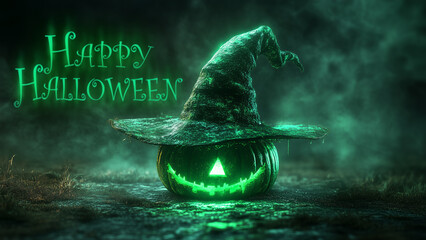 Halloween pumpkin with witch hat and glowing face in eerie setting at night