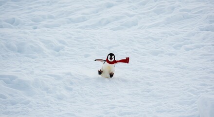 A penguin wearing a red scarf sliding down a snowy hill, captured in bright winter tones with a humorous, playful vibe.