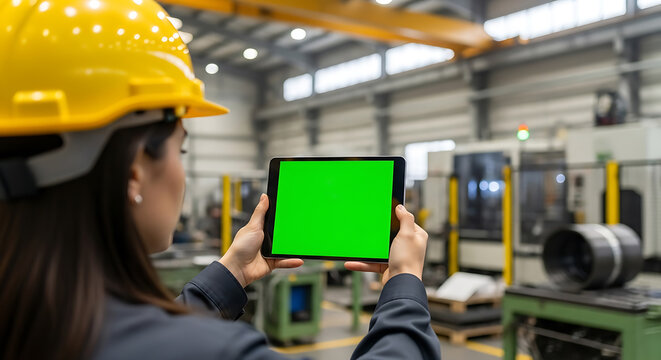 Female engineer in a yellow hard hat holding a digital tablet with a green screen for chroma key in a modern industrial factory.