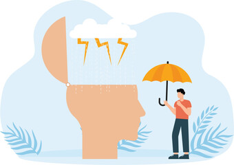 Sad feeling of depression and Bad mood and anger and stress, need help psychologist and human head with rain and lightning above, Man with umbrella and mental problems concept
