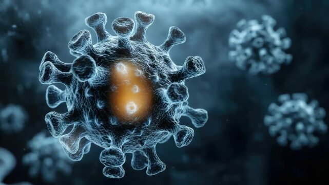 Microscopic view of coronavirus structure with mutated spike proteins in blue hue. HMPV, Human metapneumovirus