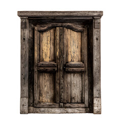 Rustic wooden door with aged texture and antique design against black background