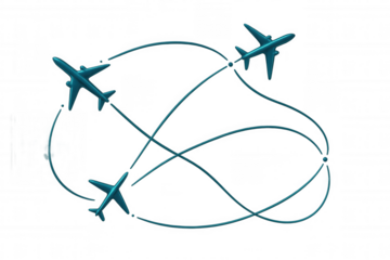 Toy airplanes tracing interconnected blue flight paths, 3d rendering highlighting global travel networking concept