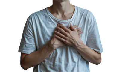 Man holding chest with both hands showing pain and health problem
