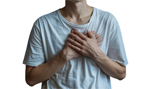 Man holding chest with both hands showing pain and health problem
