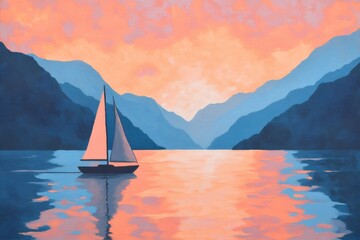 Naklejka premium Minimalist illustration of a sailboat sailing on tranquil waters, reflecting a vibrant sunset sky over majestic blue mountains, evoking serenity and adventure