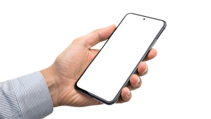 Male hand holding modern smartphone with blank screen
