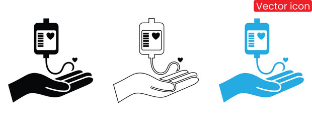 Donate blood symbol, hand receiving iv bag, heart icon,Blood Donation icon in vector. Illustration