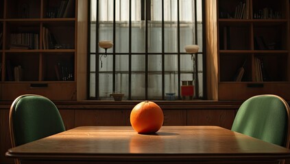 A single orange sits on a wooden table in a sunlit room with bookshelves and windows