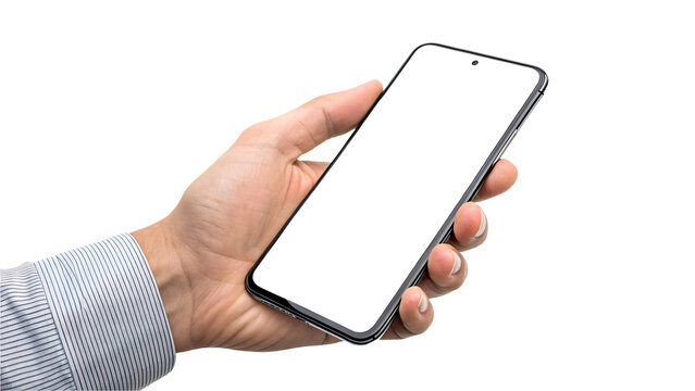 Male hand holding modern smartphone with blank screen