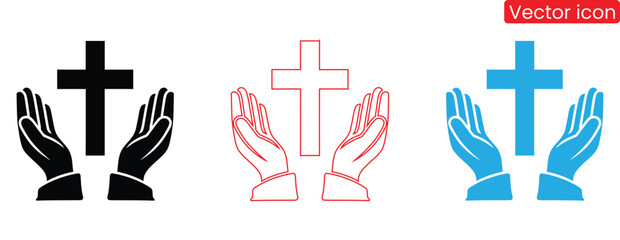 Hands held up to a cross in prayerful hope symbol,Prayer and Respect Icon. Masters, Thank You Emoji. Folded Hands Sign for Gratitude. Vector icons.