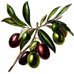 Illustration of Olive Branch with Green and Black Olives on Black Background