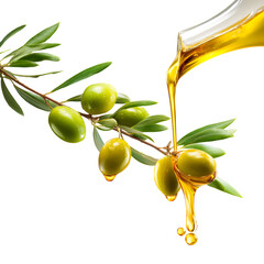 Extra virgin olive oil pouring over fresh olives, healthy cooking concept