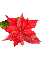 Bright red poinsettia flower with glitter and sequins on white background. Elegant artificial floral element for festive Christmas crafts and decor.