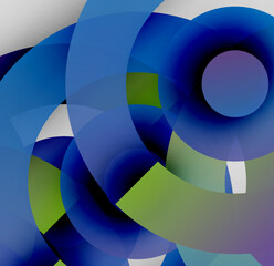 Obraz premium Abstract composition. Overlapping circles, vibrant blues, greens create dynamic visual effect. Modern design, clean lines, geometric shapes.