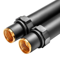 Close-Up View of Metallic Pipe Fittings with Black Coating and Golden Threaded Ends for Plumbing Applications