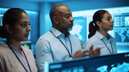 Diverse team of professional analysts collaborating and discussing data in a high-tech command center - Powered by Adobe