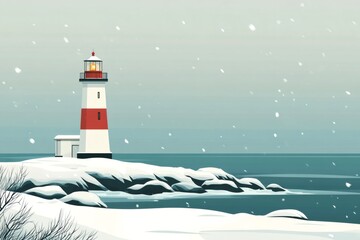 Red and white lighthouse illuminating the sea during a snowfall, providing a safe route for ships in winter