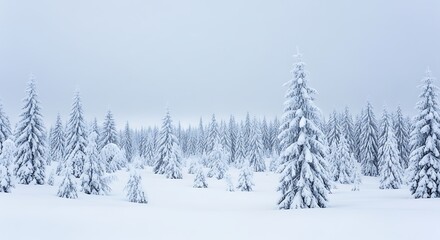 Snow covered fir trees in a forest during winter under a cloudy sky