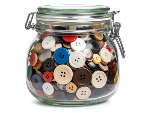 A haberdashery treasure trove, a clear glass jar brimming with a colorful assortment of vintage sewing buttons for crafting, isolated on a white background