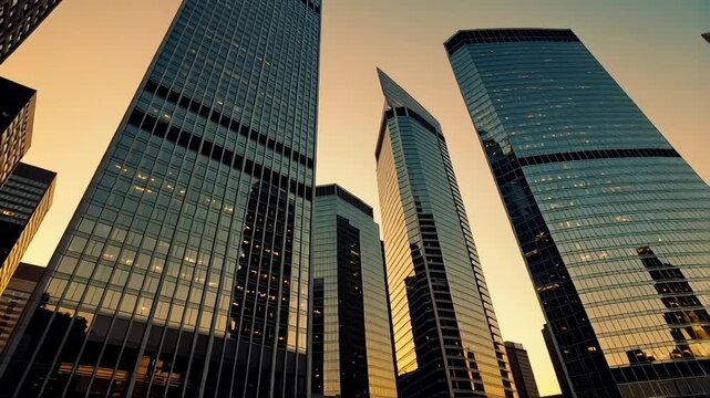 Dynamic cityscape video showcases powerful skyscrapers at golden hour, perfect for urban development or financial services marketing campaigns