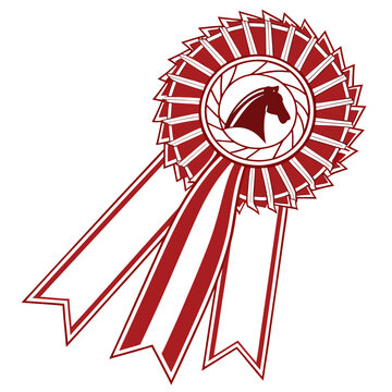 A red rosette ribbon award illustration on a plain background from a straightforward viewpoint