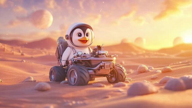 Adventurous cartoon penguin astronaut explores sandy alien planet in futuristic rover