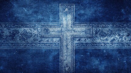 Blue Vintage Cross with Ornate Floral Design on Textured Background