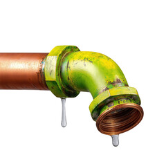 Rusty Green Metal Pipe with Dripping Water and Copper Fitting in Isolated Background for Industrial Use
