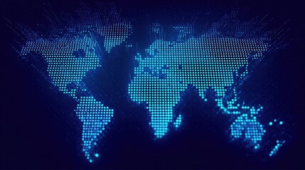 Blue Digital World Map Illustration with Dots and Grid Design