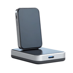 Smartphone charging wirelessly on a sleek silver and black charging pad against a showcasing modern technology and convenience on transparent background