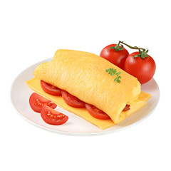 Delicious Omelette with Cheese and Tomatoes on a White Plate against Black Backdrop