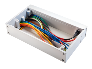 Electrical junction box with colorful wires isolated on transparent background