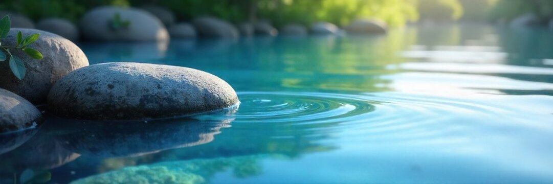 Serene Blue Water Ripples Gently Over Smooth Stones Tranquil Relaxation and Meditation Scene