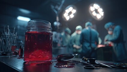A glass jar filled with a crimson liquid, likely a specimen, sits on a dark, wet table in a dimly lit operating room.  Surgeons in scrubs are blurred in the background
