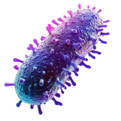 Detailed microscopic view of a virus cell with vibrant purple and blue hues against a showcasing viral structure and biology at a cellular level on transparent background