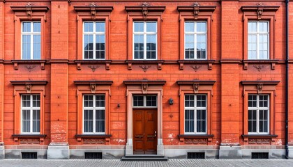 Fototapeta premium Ornate terracotta facade of a historical building with multiple windows and a central door.