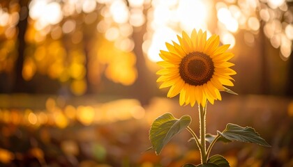 単体の黄金色のヒマワリをクローズアップで撮影した写真です。
秋の柔らかい自然光が花を優しく照らし、背景の木々は柔らかくぼけています。