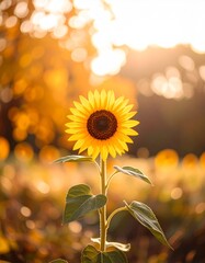 単体の黄金色のヒマワリをクローズアップで撮影した写真です。
秋の柔らかい自然光が花を優しく照らし、背景の木々は柔らかくぼけています。