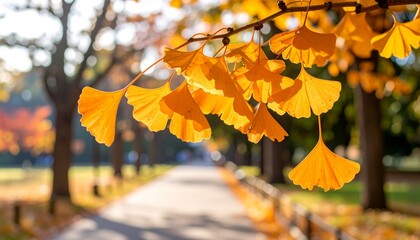 オレンジ色のイチョウの葉をクローズアップで撮影した写真です。
枝に揺れる葉が秋の季節感を演出し、背景の公園の小道は柔らかくぼけています。